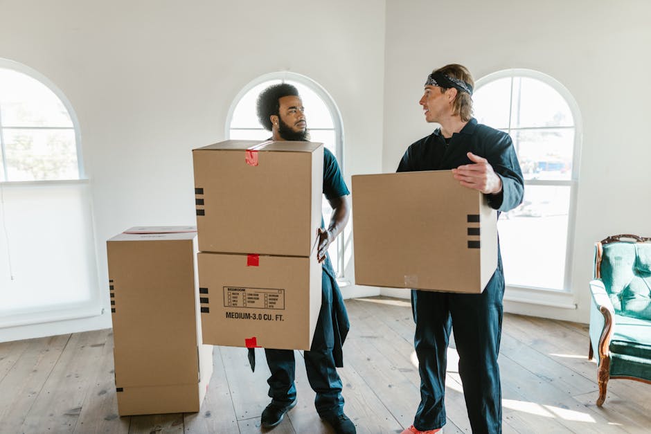 A professional mover from Storage Lewisham is inside a bright, spacious room with large arched windows allowing natural light to fill the space. The mover, dressed in a navy uniform, is carrying two c